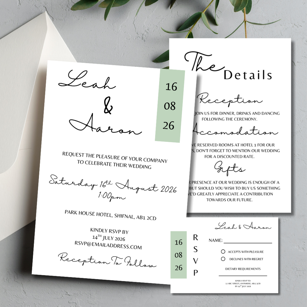 3 Piece Sage Green Colour Block Wedding Invitation Set | SRP3