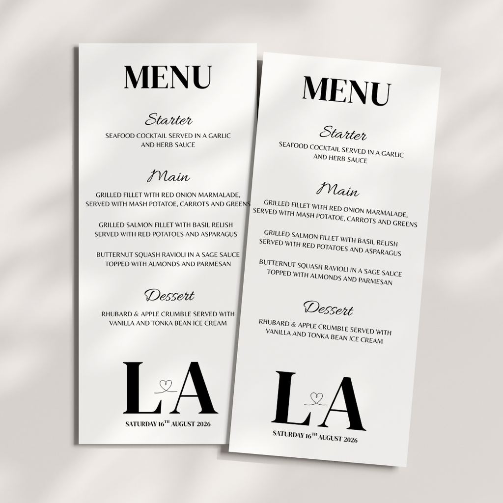 Simple Black Initial Wedding Menu Cards | SRP7