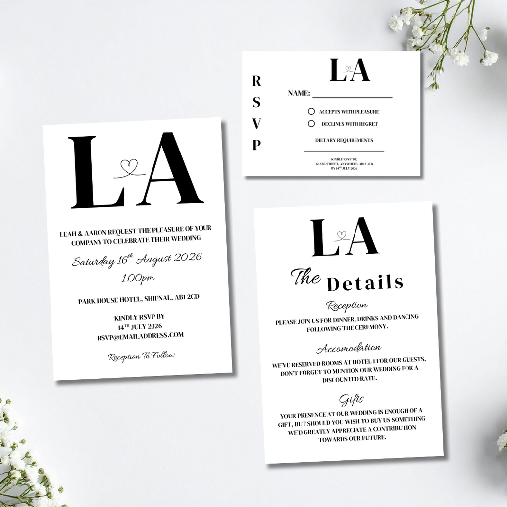 3 Piece Black Initials Wedding Invitation Set | SRP7