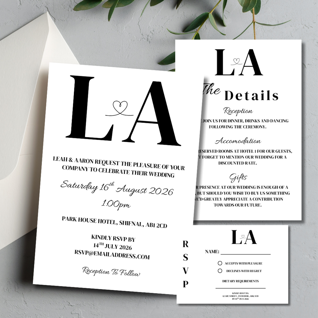 3 Piece Black Initials Wedding Invitation Set | SRP7