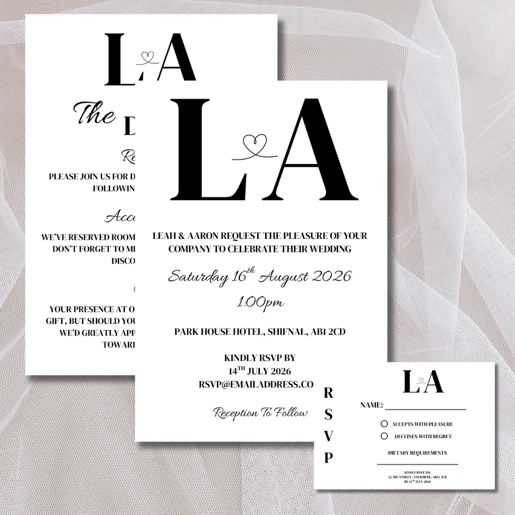 3 Piece Black Initials Wedding Invitation Set | SRP7