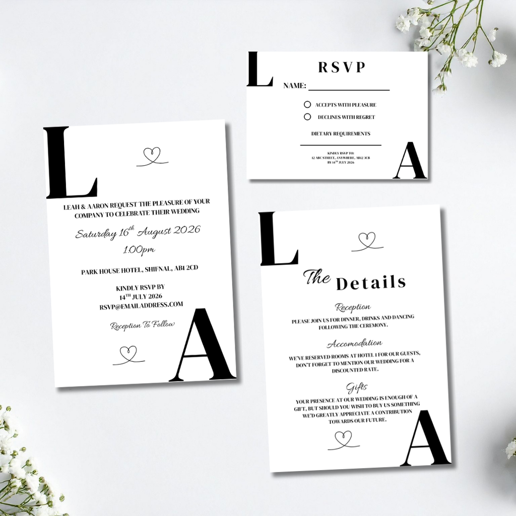 3 Piece Black Initials Wedding Invitation Set | SRP8