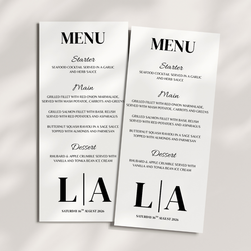 Simple Black Initial Wedding Menu Cards | SRP9