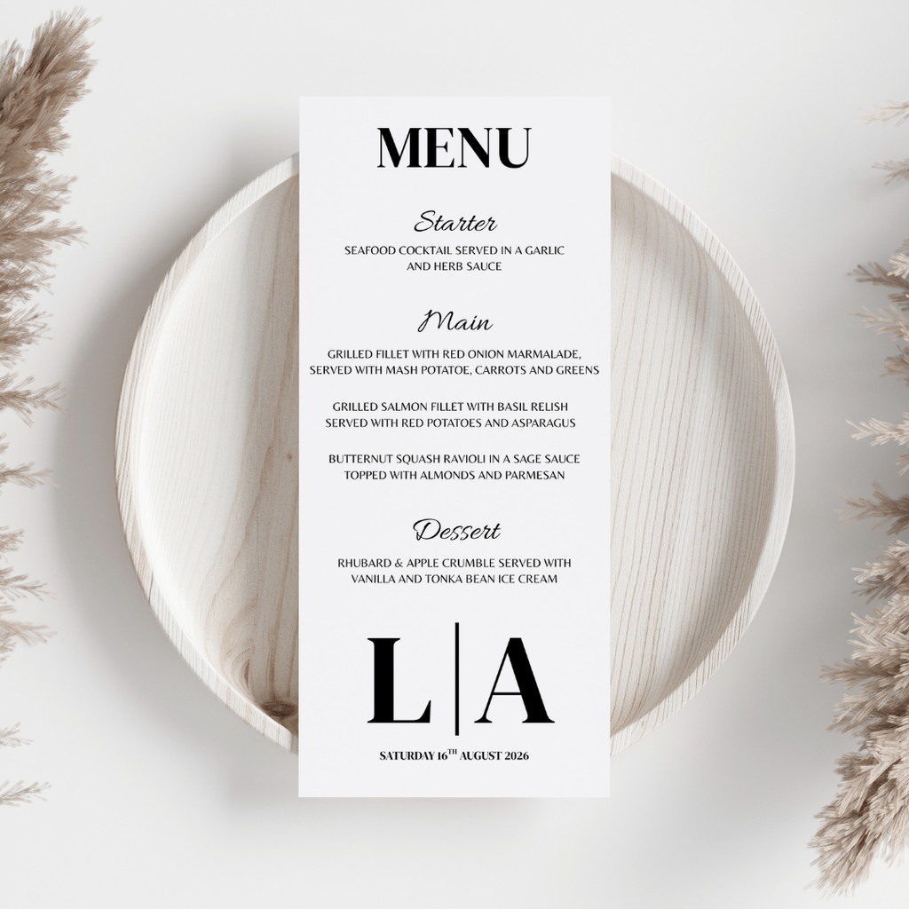 Simple Black Initial Wedding Menu Cards | SRP9