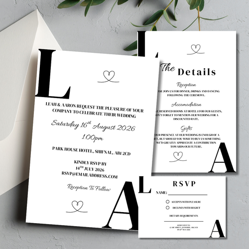3 Piece Black Initials Wedding Invitation Set | SRP8