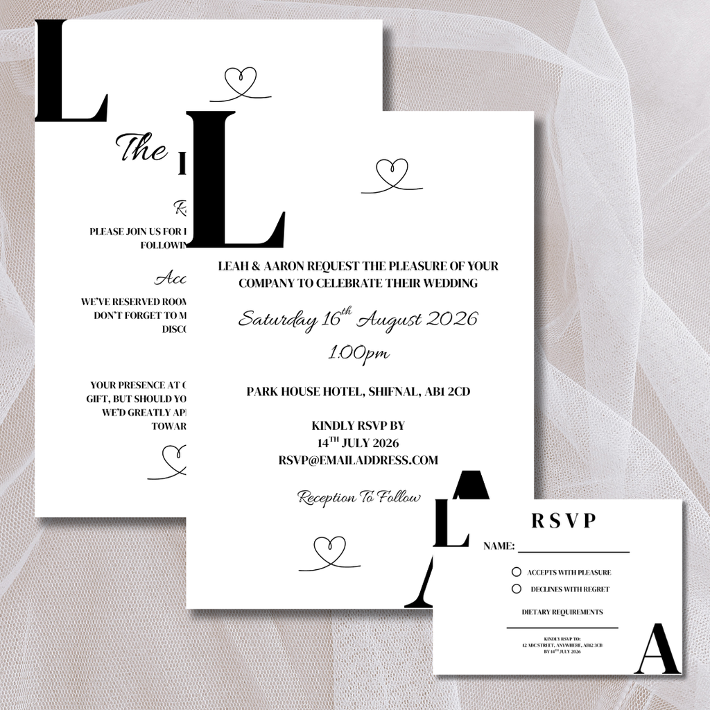 3 Piece Black Initials Wedding Invitation Set | SRP8