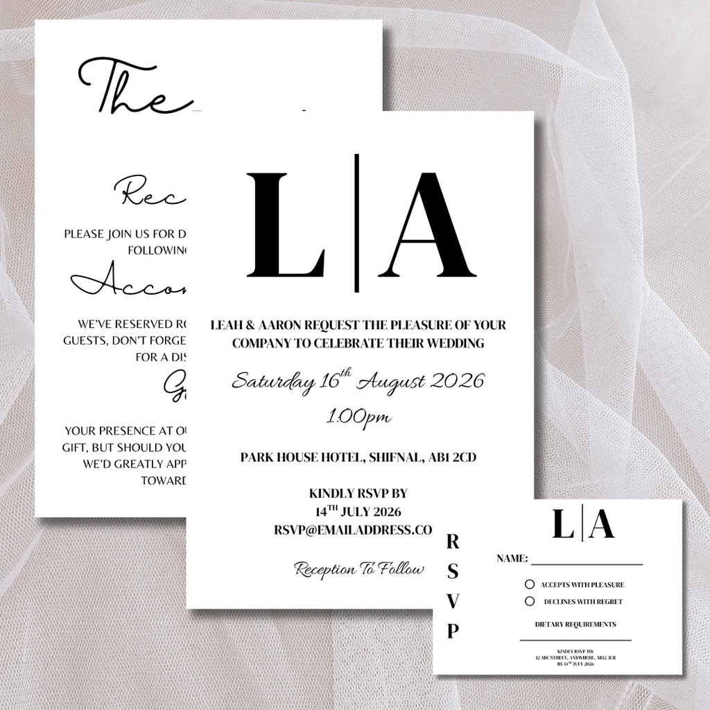 3 Piece Black Initials Wedding Invitation Set | SRP9
