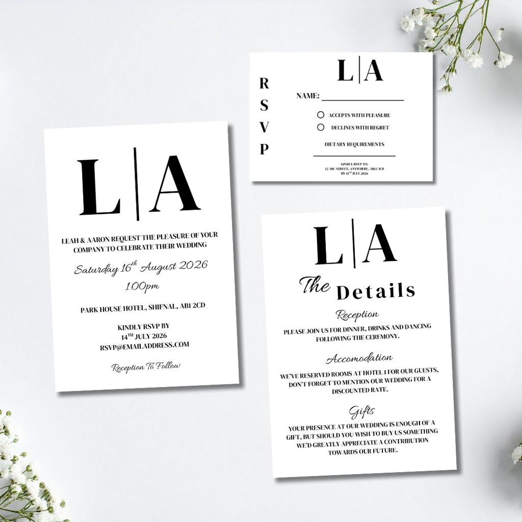 3 Piece Black Initials Wedding Invitation Set | SRP9
