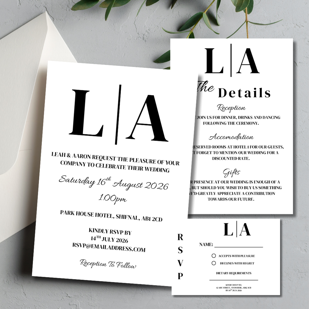 3 Piece Black Initials Wedding Invitation Set | SRP9