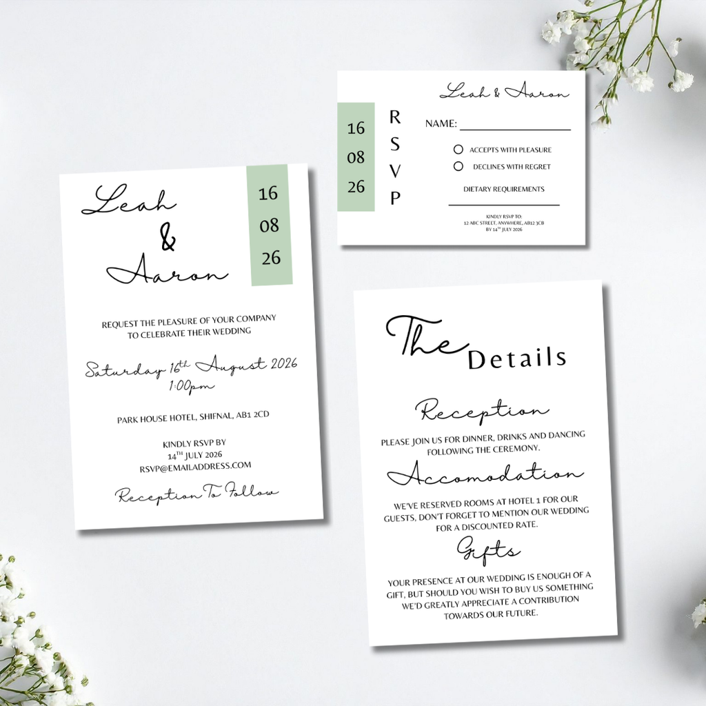 3 Piece Sage Green Colour Block Wedding Invitation Set | SRP3