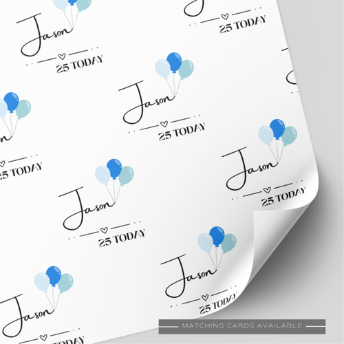 (Blue) Balloon & Age Birthday Wrapping Paper