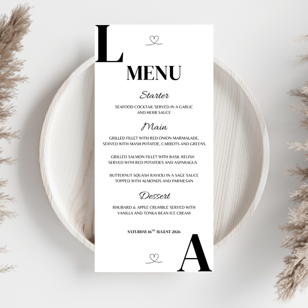 Simple Black Initial Wedding Menu Cards | SRP8