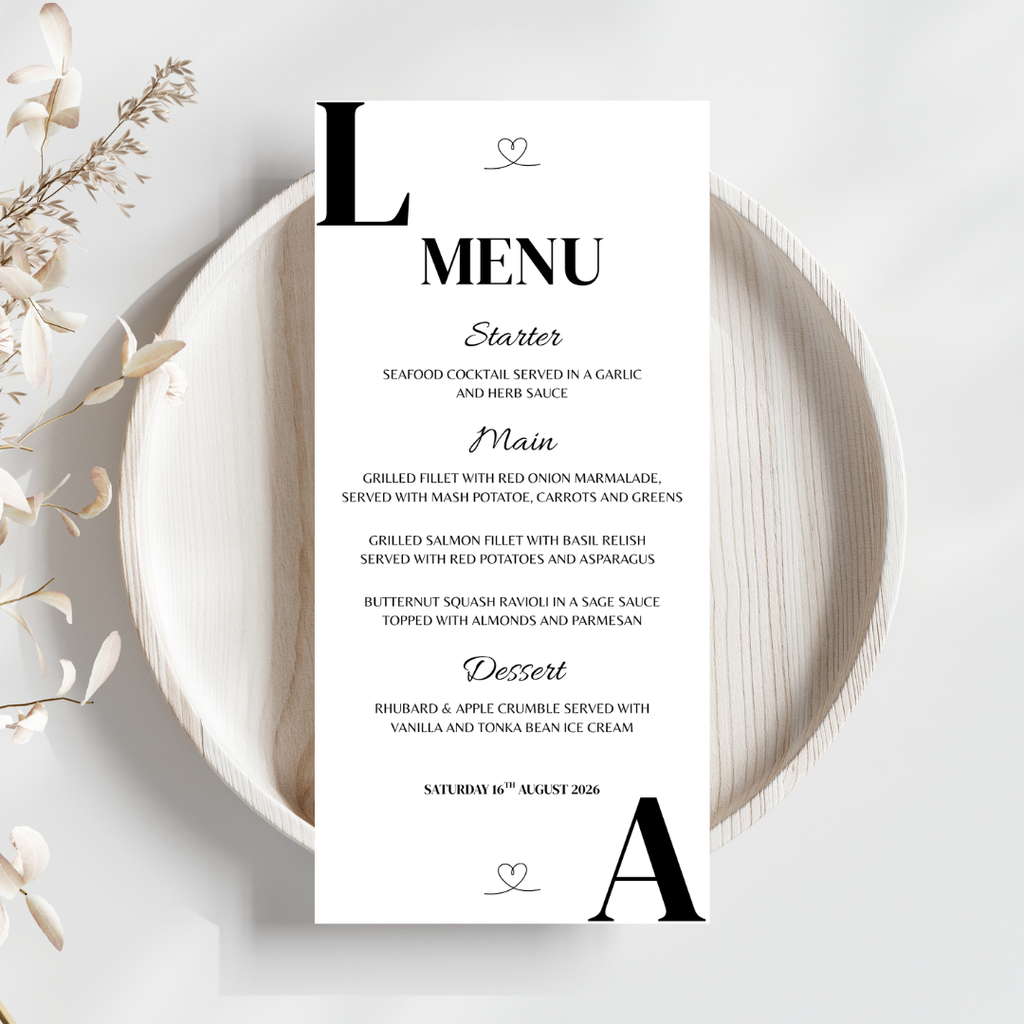 Simple Black Initial Wedding Menu Cards | SRP8