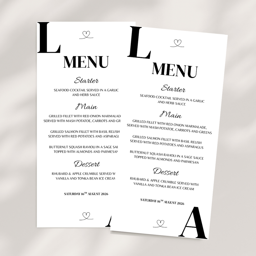 Simple Black Initial Wedding Menu Cards | SRP8